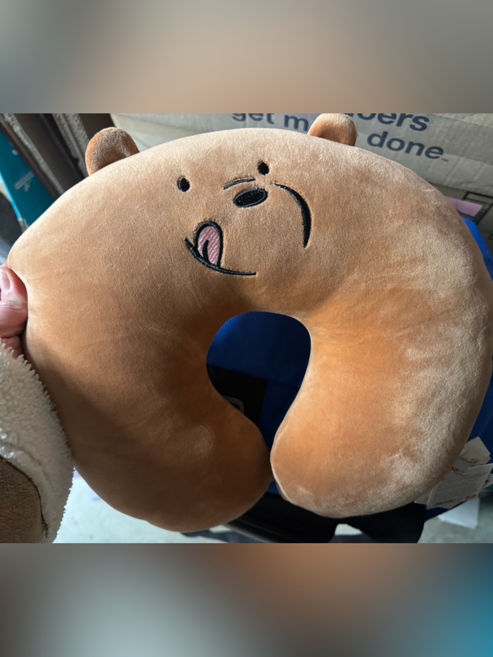 Plush Brown Kids Travel Neck Pillow with Cute Bear Face